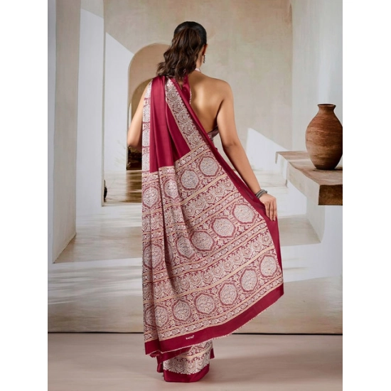 Generic Women's Satin Crepe Printed Saree With Unstitched Blouse 5.5Mtr (Maroon)