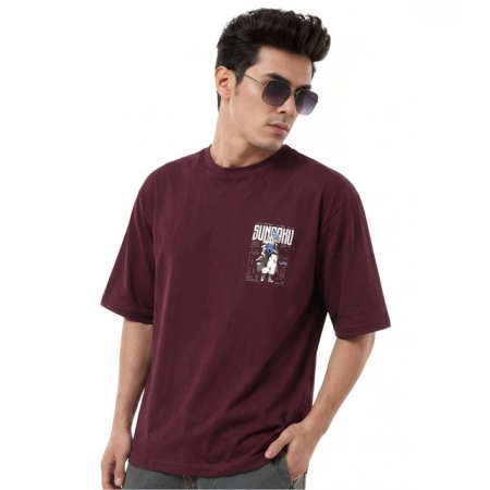 Generic Men's Cotton Blend Printed Oversized Round Neck Half Sleeve T-Shirt (Wine) Generic Men's Cotton Blend Printed Oversized Round Neck Half Sleeve T-Shirt (Wine)