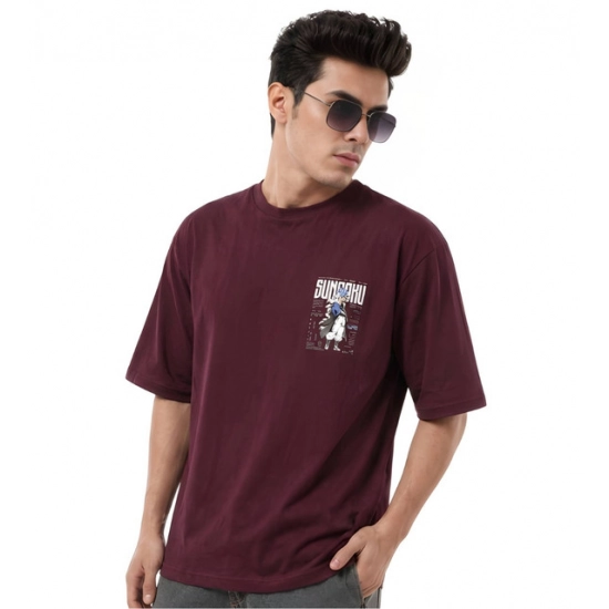 Generic Men's Cotton Blend Printed Oversized Round Neck Half Sleeve T-Shirt (Wine)