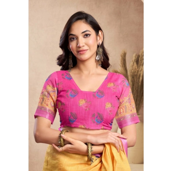 Generic Women's Faux_Linen Printed Ready-to-Wear Saree With Unstitched Blouse 5.5 Mtr (Yellow)