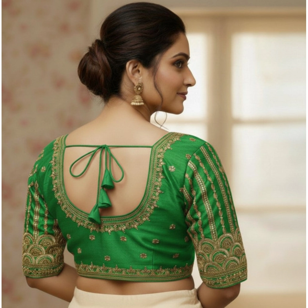 Women's Phantom Silk Embroidered Designer Neck Padded Blouse (Light Green 38 Ready (Alterable up to 42)