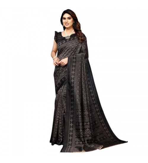 Generic Women's Litchi silk Printed Saree With Unstitched Blouse  5-6 Mtrs (Black)