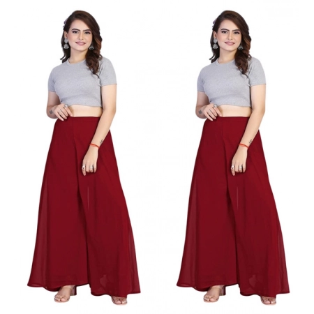 Generic Women's Pack of 2 Georgette Solid High Rise Wide Leg Flared Palazzos with Elastic Waist (Maroon)