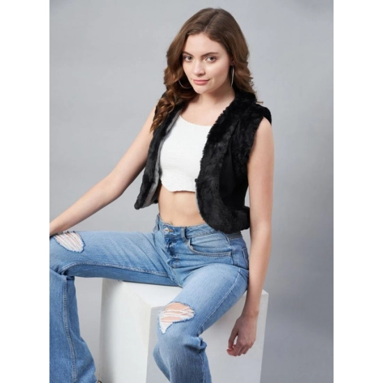 Generic Women's Denim And Fur Solid Sleeveless Shrug (Black)