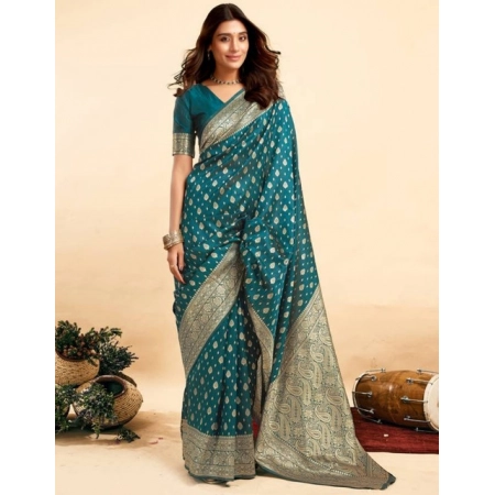 Generic Women's Jacquard Printed Saree With Unstitched Blouse 5.5Mtr (Teal)