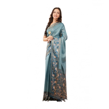 Generic Women's Polyester Printed Saree With Unstitched Blouse 5.5 Mtr (Blue)