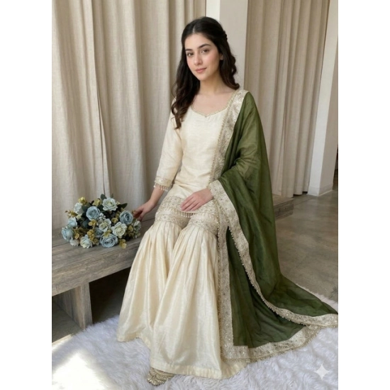 Generic Women's Silk Embroidered 3/4th Sleeve V-Neck Kurti With Sharara Pant and Dupatta Set (Cream & Green) Generic Women's Silk Embroidered 3/4th Sleeve V-Neck Kurti With Sharara Pant and Dupatta Set (Cream & Green)
