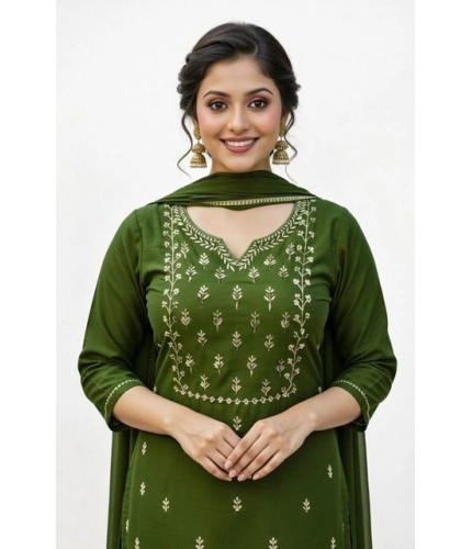 Generic Women's Georgette Ethnic Motif Round 3/4th Sleeve Kurti With Pant Dupatta Set (Mahendi)