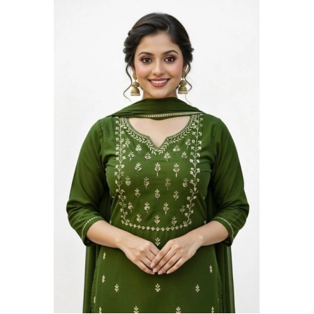 Generic Women's Georgette Ethnic Motif Round 3/4th Sleeve Kurti With Pant Dupatta Set (Mahendi)