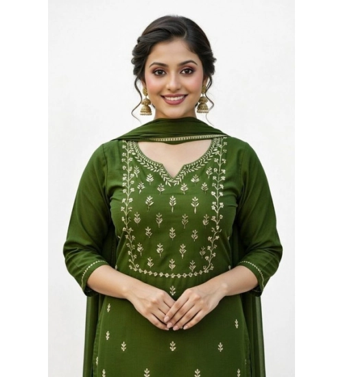 Generic Women's Georgette Ethnic Motif Round 3/4th Sleeve Kurti With Pant Dupatta Set (Mahendi)