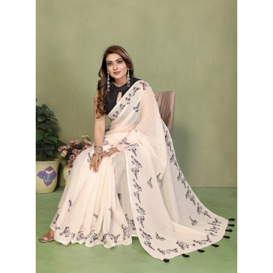 Generic Women's Linen Cotton Printed Saree With Unstitched Blouse 5.5Mtr (Off White) Generic Women's Linen Cotton Printed Saree With Unstitched Blouse 5.5Mtr (Off White)