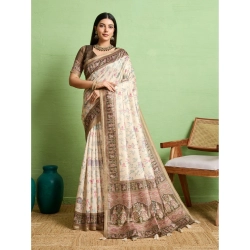 Generic Women's Silk Blend Printed Saree With Unstitched Blouse 5.5Mtr (Cream)