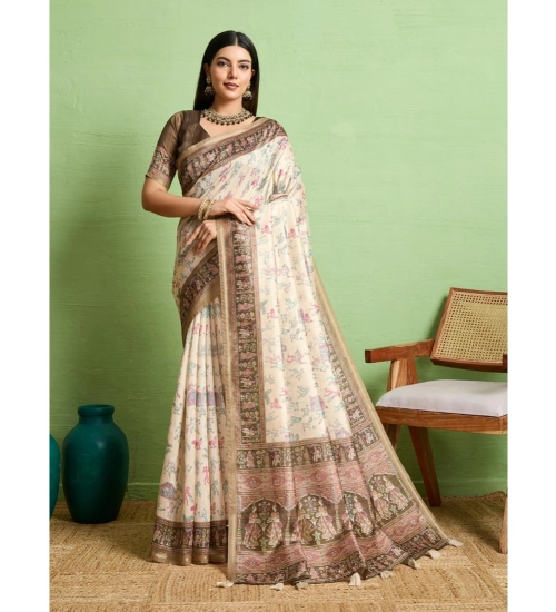 Generic Women's Silk Blend Printed Saree With Unstitched Blouse 5.5Mtr (Cream)