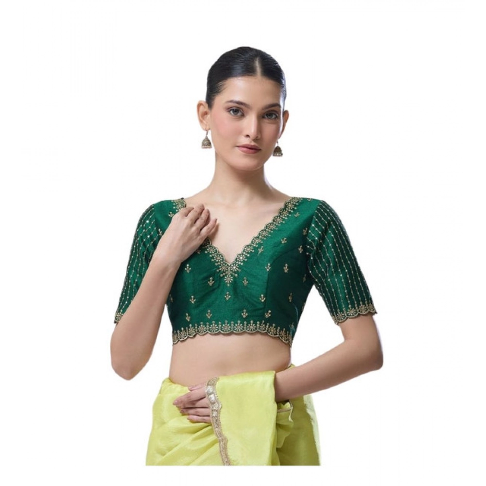 Women's Banarasi Silk Sequence V Neck Non Padded Blouse (Green 38 Ready (Alterable up to 42)