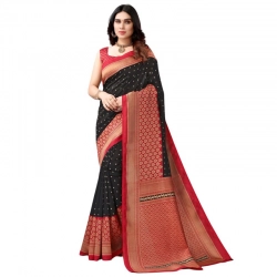 Generic Women's Litchi silk Printed Saree With Unstitched Blouse  5-6 Mtrs (Black)