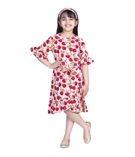 Generic Girl's Polyester Crepe Floral Bell Sleeve Dress (Red-Pink) Generic Girl's Polyester Crepe Floral Bell Sleeve Dress (Red-Pink)