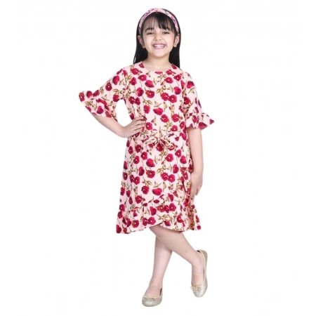 Generic Girl's Polyester Crepe Floral Bell Sleeve Dress (Red-Pink) Generic Girl's Polyester Crepe Floral Bell Sleeve Dress (Red-Pink)
