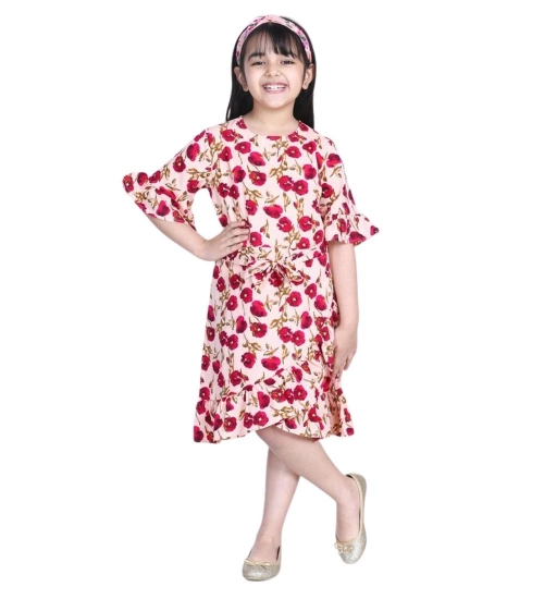 Generic Girl's Polyester Crepe Floral Bell Sleeve Dress (Red-Pink) Generic Girl's Polyester Crepe Floral Bell Sleeve Dress (Red-Pink)