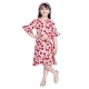 Generic Girl's Polyester Crepe Floral Bell Sleeve Dress (Red-Pink)