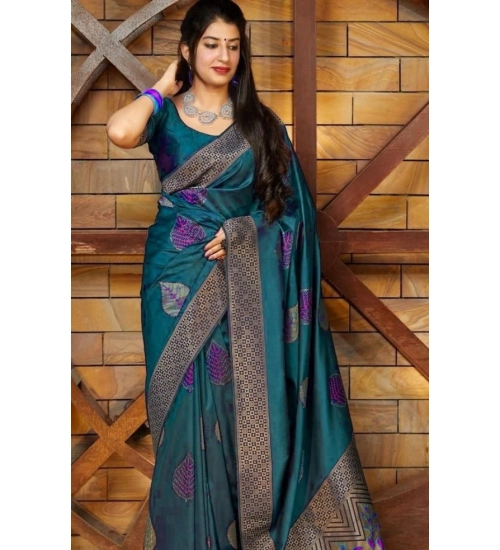 Generic Women's Litchi silk Printed Saree With Unstitched Blouse (Rama Blue)