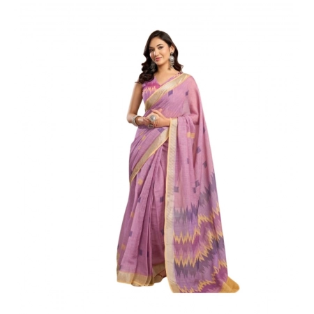 Generic Women's Linen Cotton Printed Ready To Wear Saree With Unstitched Blouse 5.5 Mtr (Lavender)