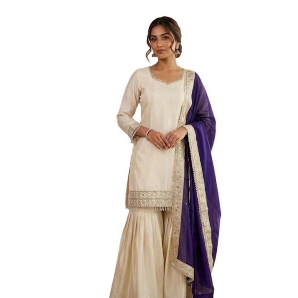 Generic Women's Silk Embroidered 3/4th Sleeve V-Neck Kurti With Sharara Pant and Dupatta Set (Cream & Purple) Generic Women's Silk Embroidered 3/4th Sleeve V-Neck Kurti With Sharara Pant and Dupatta Set (Cream & Purple)