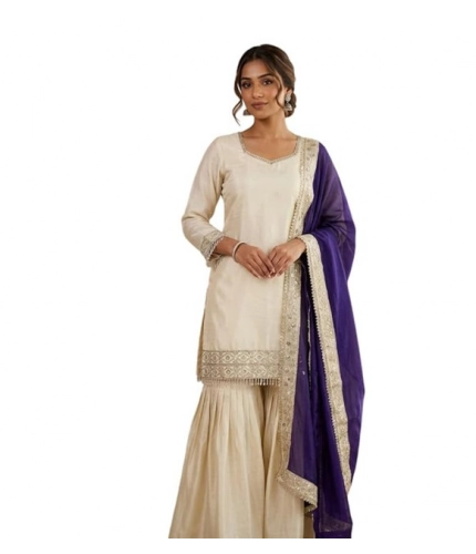 Generic Women's Silk Embroidered 3/4th Sleeve V-Neck Kurti With Sharara Pant and Dupatta Set (Cream &amp; Purple)