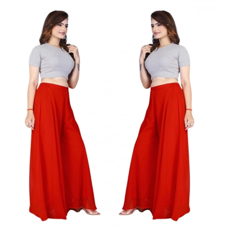 Generic Women's Pack of 2 Georgette Solid High Rise Wide Leg Flared Palazzos with Elastic Waist (Red)