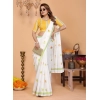 Generic Women's Linen Cotton Printed Saree With Unstitched Blouse 5.5Mtr (White)