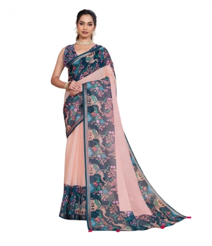 Generic Women's Linen Floral Printed Saree With Unstitched Blouse 5.5Mtr (Peach Pink)