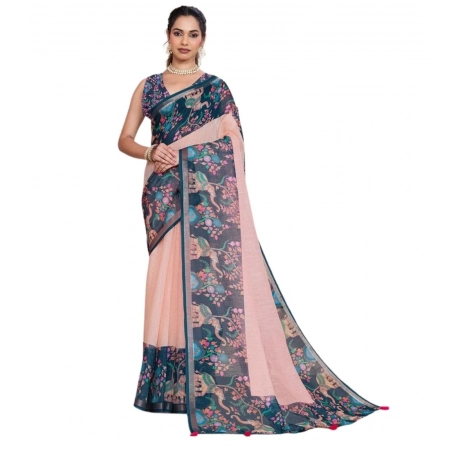 Generic Women's Linen Floral Printed Saree With Unstitched Blouse 5.5Mtr (Peach Pink) Generic Women's Linen Floral Printed Saree With Unstitched Blouse 5.5Mtr (Peach Pink)