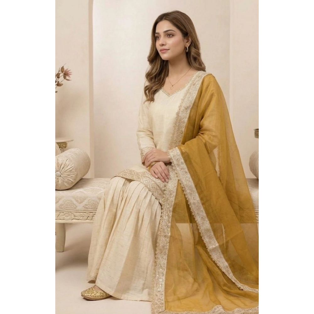 Generic Women's Silk Embroidered 3/4th Sleeve V-Neck Kurti With Sharara Pant and Dupatta Set (Cream & Yellow) Generic Women's Silk Embroidered 3/4th Sleeve V-Neck Kurti With Sharara Pant and Dupatta Set (Cream & Yellow)