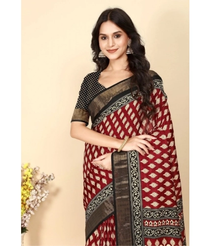 Generic Women's Cotton Silk Printed Saree With Unstitched Blouse 5.5Mtr (Red)