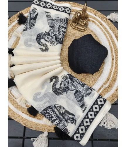 Generic Women's Linen Cotton Printed Saree With Unstitched Blouse 5.5Mtr (Cream &amp; Black)
