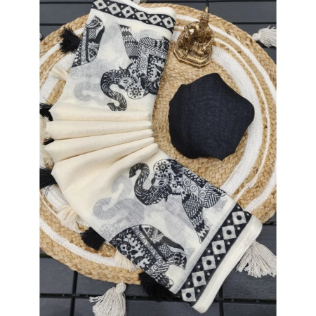 Generic Women's Linen Cotton Printed Saree With Unstitched Blouse 5.5Mtr (Cream &amp; Black)