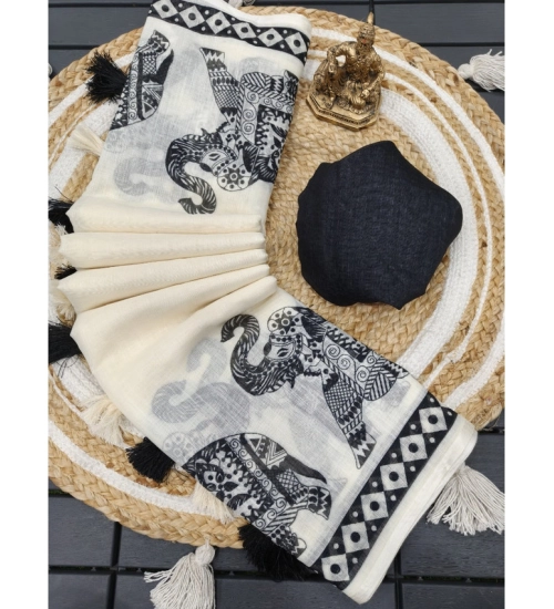 Generic Women's Linen Cotton Printed Saree With Unstitched Blouse 5.5Mtr (Cream &amp; Black)