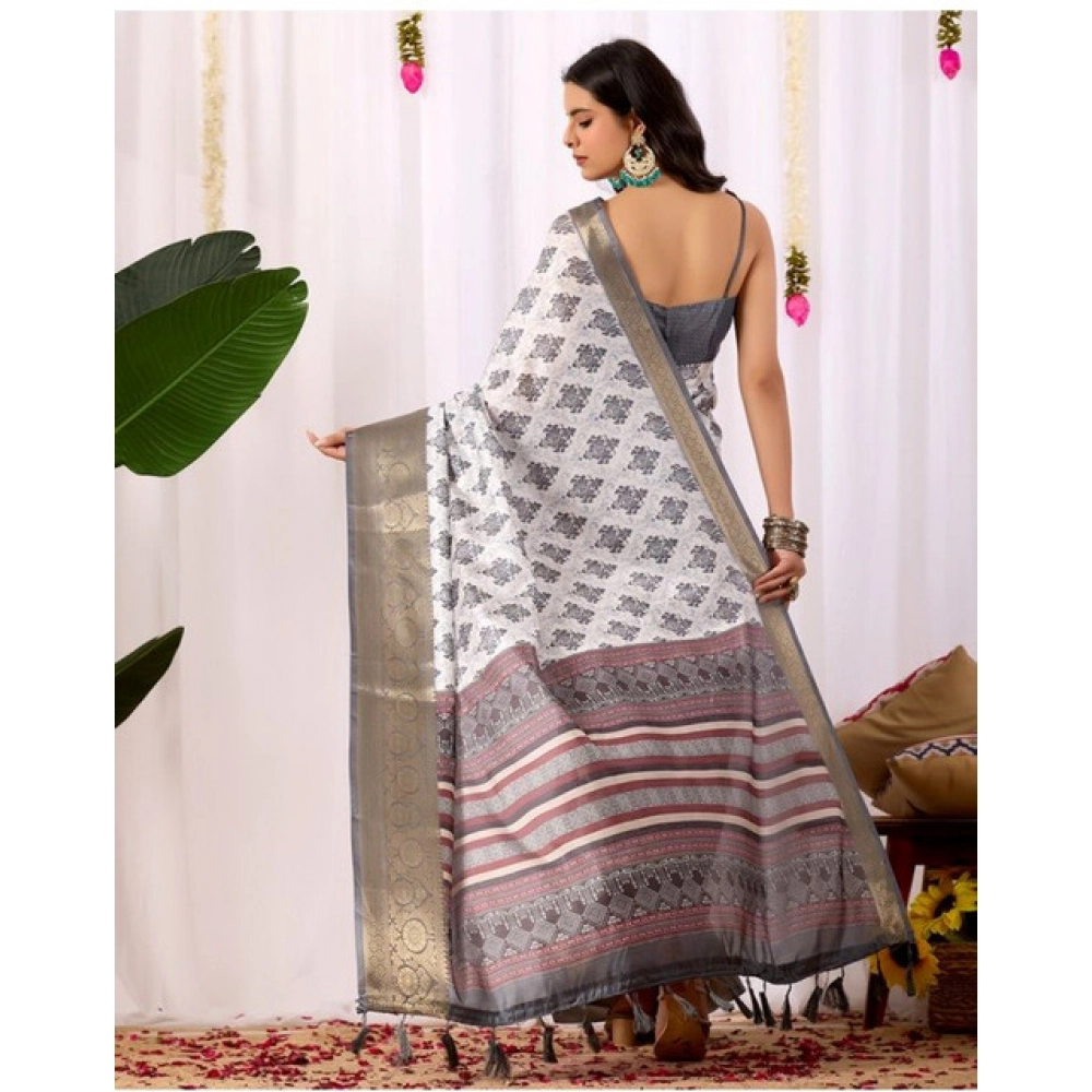 Generic Women's Faux_Silk Printed Saree With Unstitched Blouse 5.5Mtr (White)