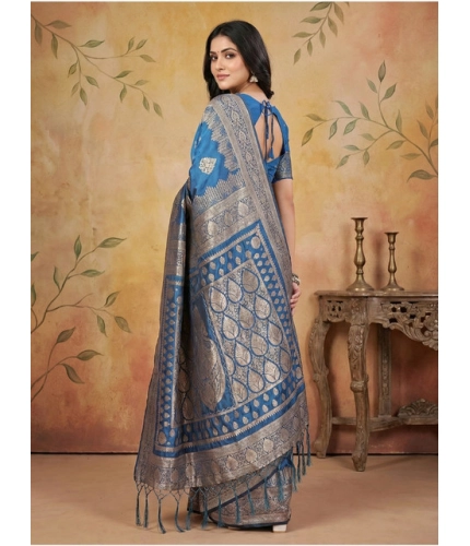 Generic Women's Silk Blend Printed Saree With Unstitched Blouse 5.5Mtr (Sky Blue)