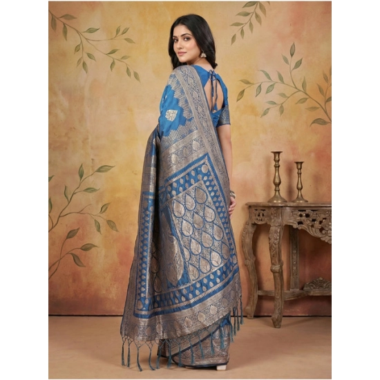 Generic Women's Silk Blend Printed Saree With Unstitched Blouse 5.5Mtr (Sky Blue)