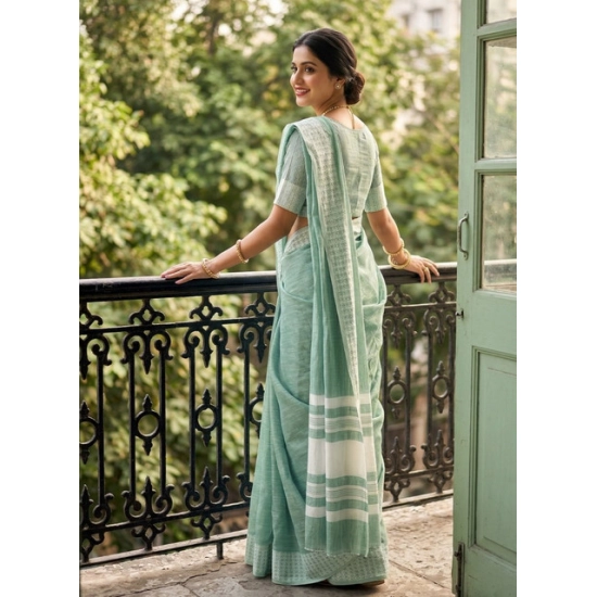 Generic Women's Linen Striped Saree With Unstitched Blouse 5.5Mtr (Sea Green) Generic Women's Linen Striped Saree With Unstitched Blouse 5.5Mtr (Sea Green)