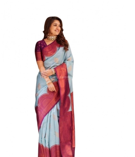 Generic Women's Soft Lichi Silk Printed Saree With Unstitched Blouse 5.5Mtr (Light-Blue)