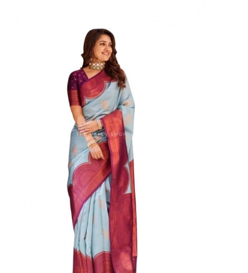 Generic Women's Soft Lichi Silk Printed Saree With Unstitched Blouse 5.5Mtr (Light-Blue)