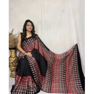 Generic Women's Satin Printed Saree With Unstitched Blouse 5.5Mtr (Black)