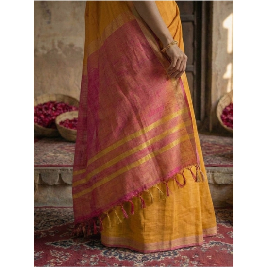 Generic Women's Cotton Printed Saree With Unstitched Blouse 5.5Mtr (Yellow)