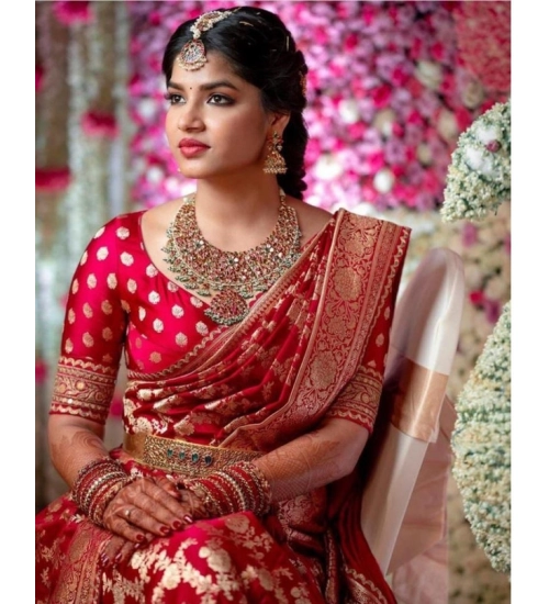 Generic Women's Litchi silk Printed Saree With Unstitched Blouse (Red)