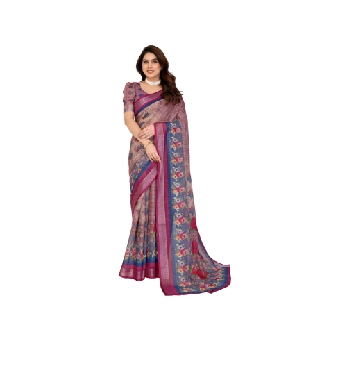 Generic Women's Linen Cotton  Printed Saree With Unstitched Blouse 5.5Mtr (Wine )