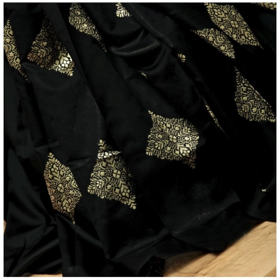Generic Women's Soft Litchi Silk Jacquard Work Saree With Unstitched Blouse 5.5Mtr (Black)