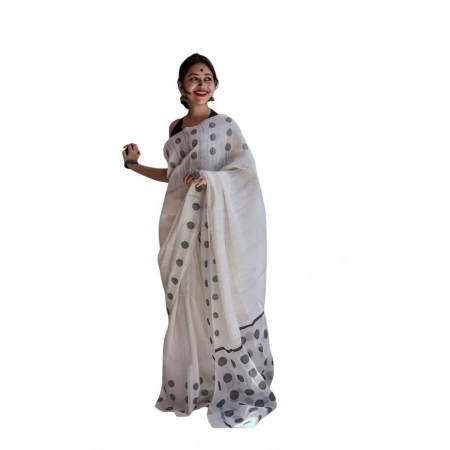 Generic Women's Soft Lilan Printed Saree With Unstitched Blouse 5.5Mtr (White)