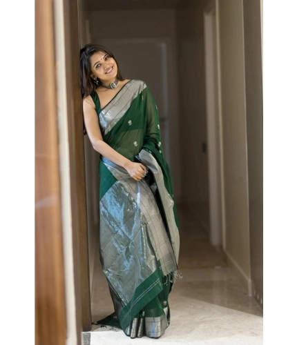 Generic Women's Soft Lichi Silk Printed Saree With Unstitched Blouse 5.5Mtr (Green)