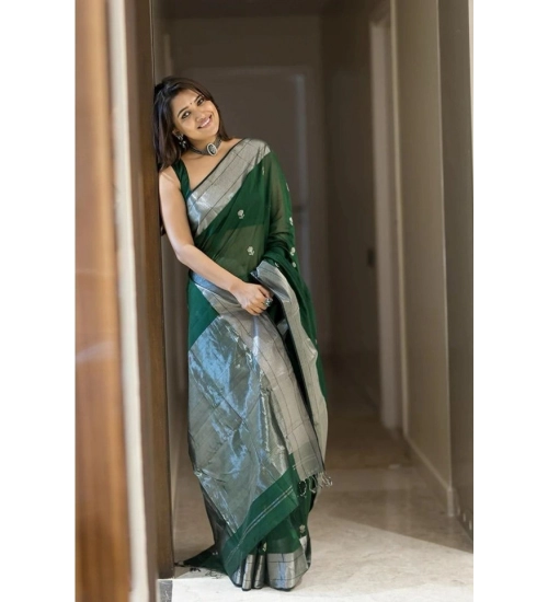 Generic Women's Soft Lichi Silk Printed Saree With Unstitched Blouse 5.5Mtr (Green)